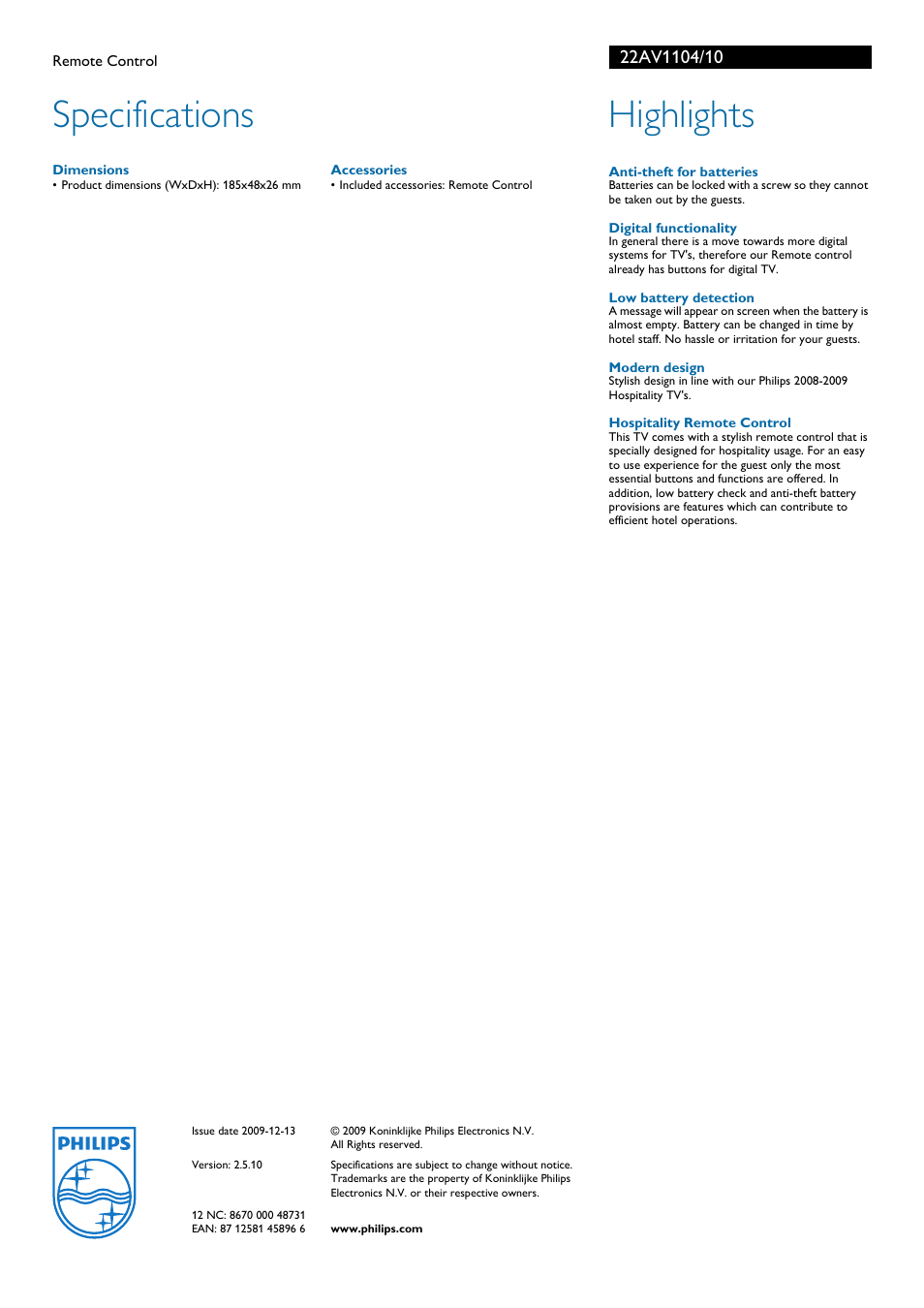 Specifications, Highlights | Philips 22AV1104 User Manual | Page 2 / 2