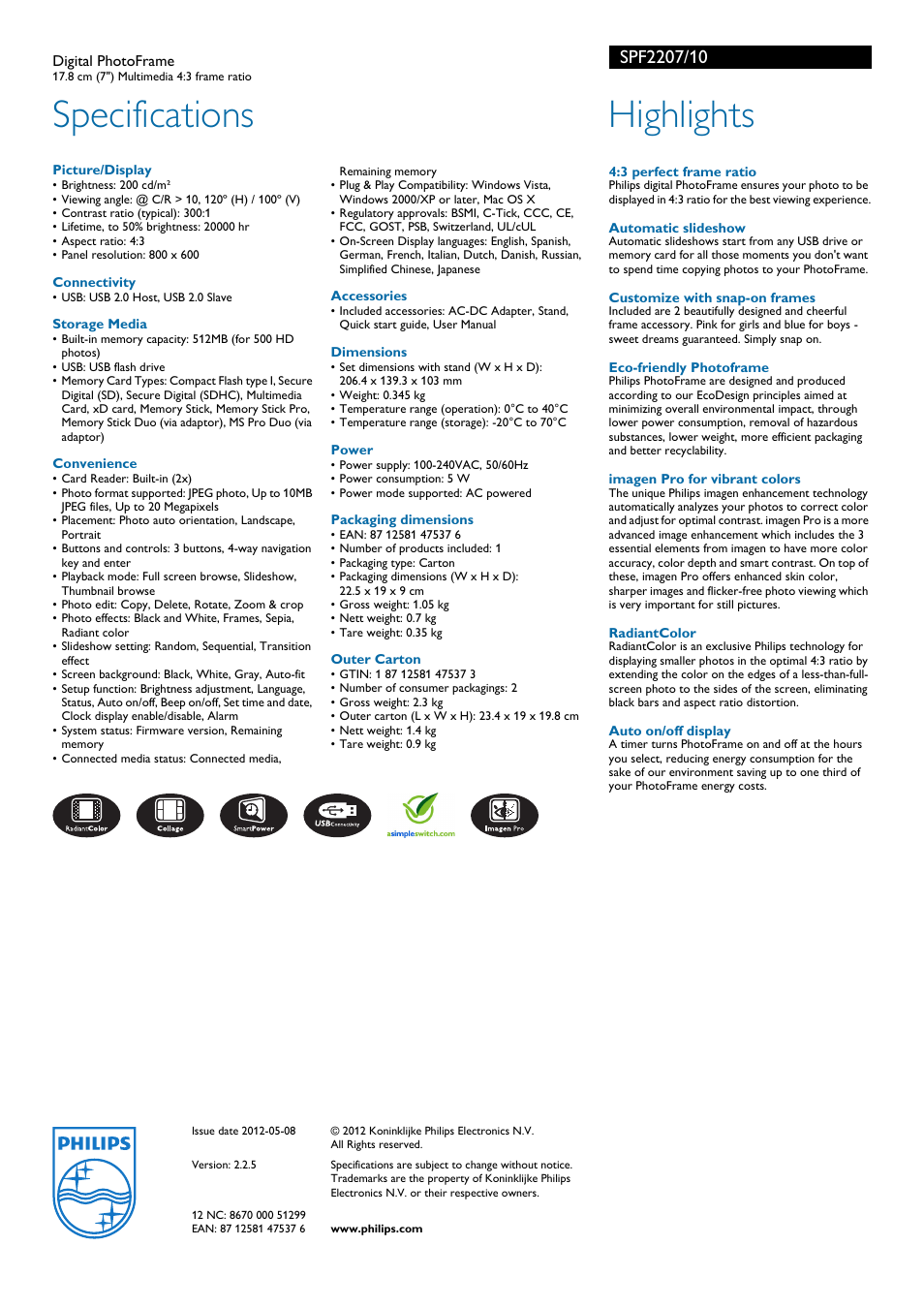 Specifications, Highlights | Philips AVENT SPF2207/10 User Manual | Page 2 / 2