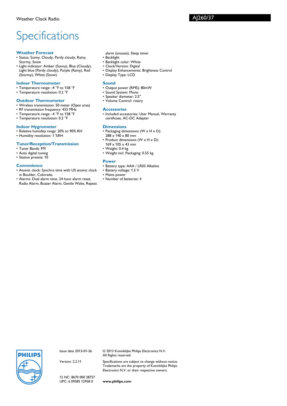 Specifications | Philips AJ260/37 User Manual | Page 3 / 3