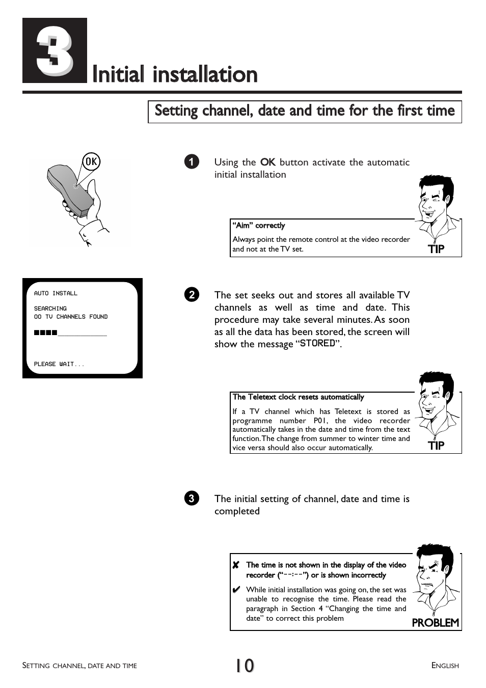 Initial, Installation, Setting channel, date and time for the first time | Philips VR 510/07 User Manual | Page 10 / 48