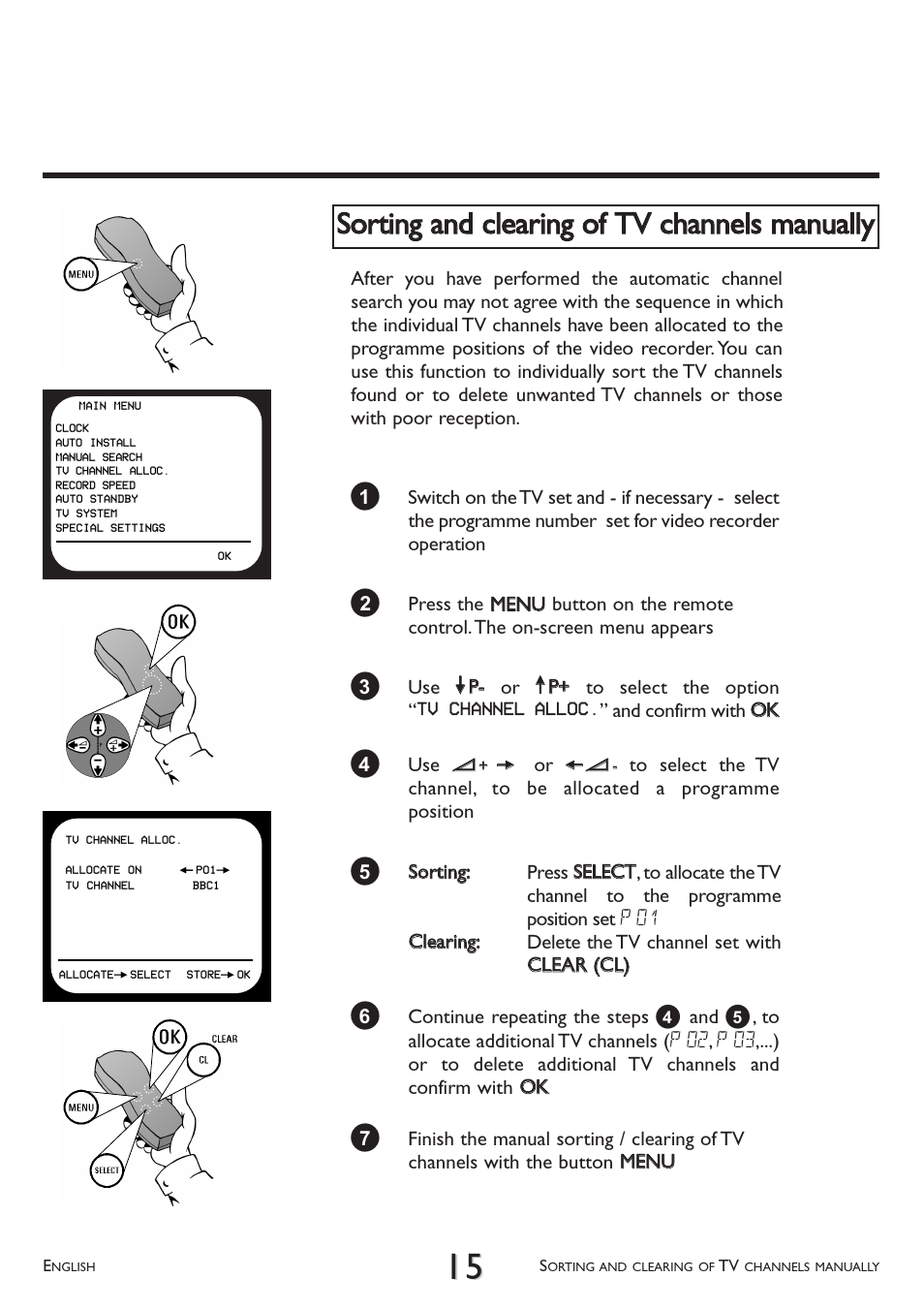 Sorting and clearing of tv channels manually | Philips VR 510/07 User Manual | Page 15 / 48