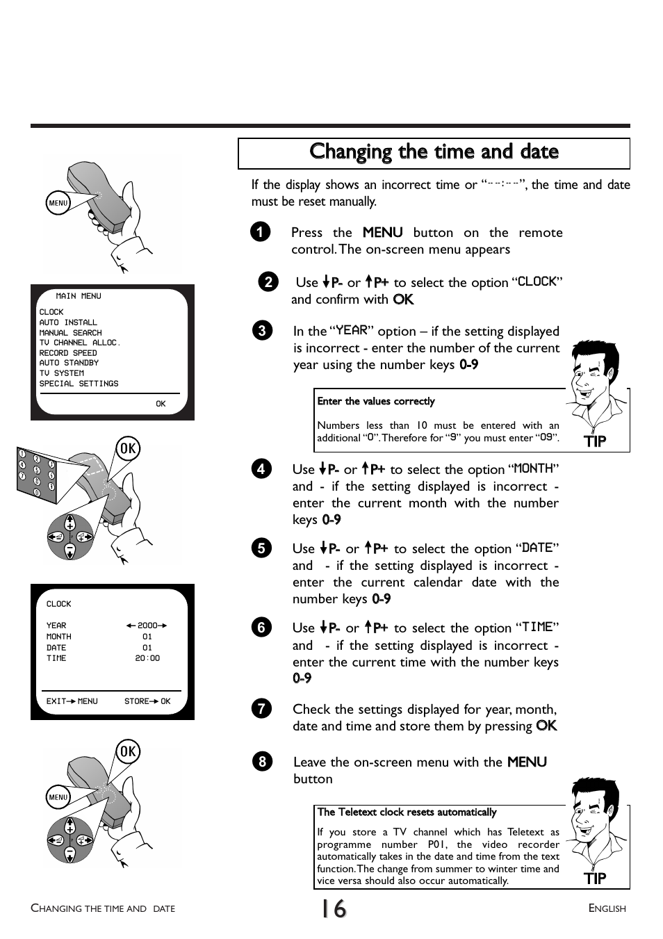 Changing the time and date, Cchhaannggiinngg tthhee ttiim mee aanndd ddaattee, Ttiipp | Philips VR 510/07 User Manual | Page 16 / 48