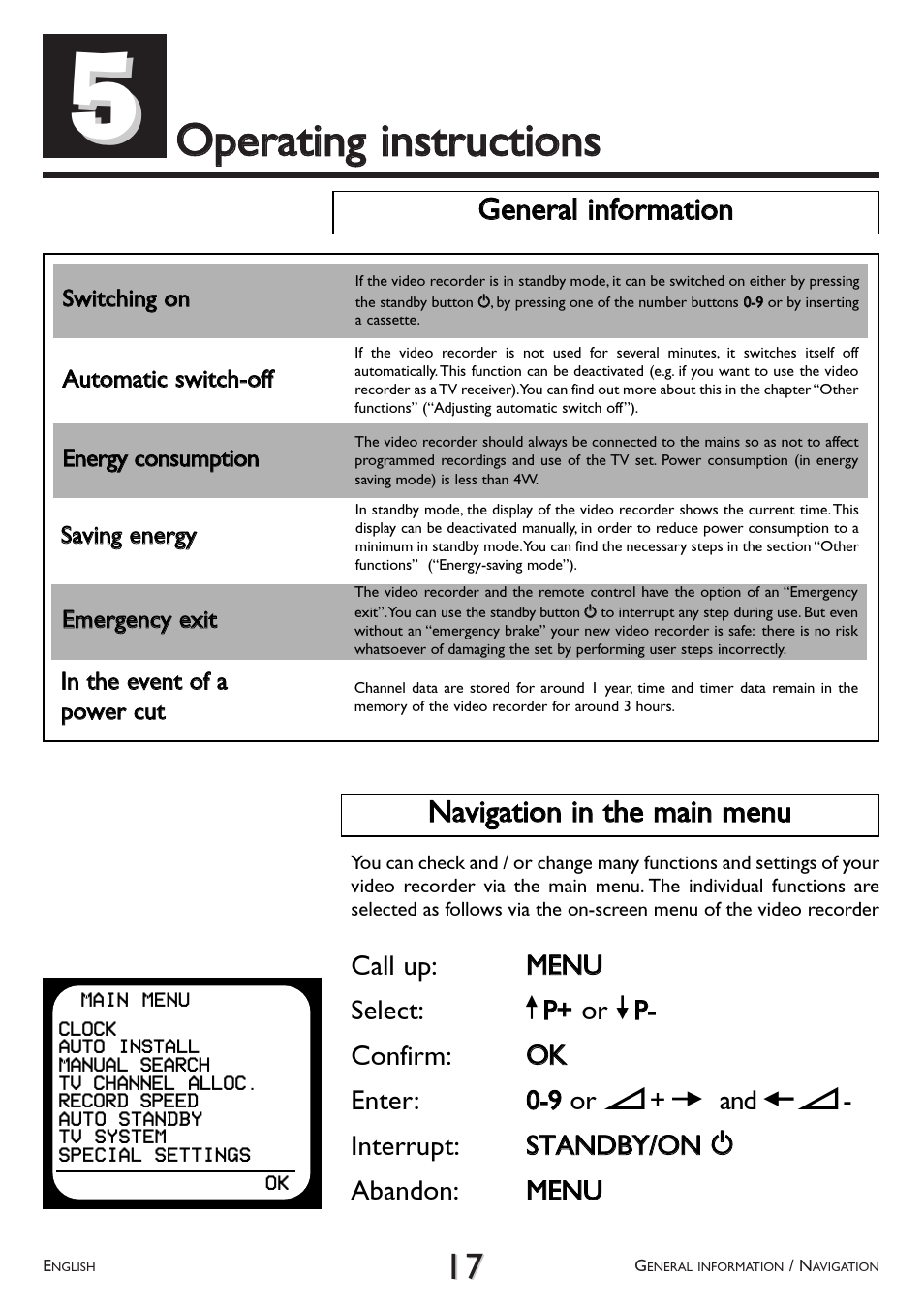 Operating, Instructions, General information | Navigation in the main menu, Ooppeerraattiinngg iinnssttrruuccttiioonnss, Ggeenneerraall iinnffoorrm maattiioonn | Philips VR 510/07 User Manual | Page 17 / 48