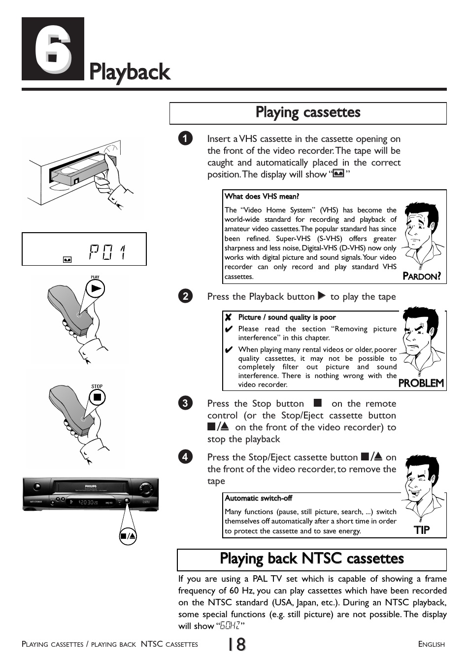 Playback, Playing cassettes, Playing back ntsc cassettes | Ppllaayybbaacckk, P 0 1 | Philips VR 510/07 User Manual | Page 18 / 48