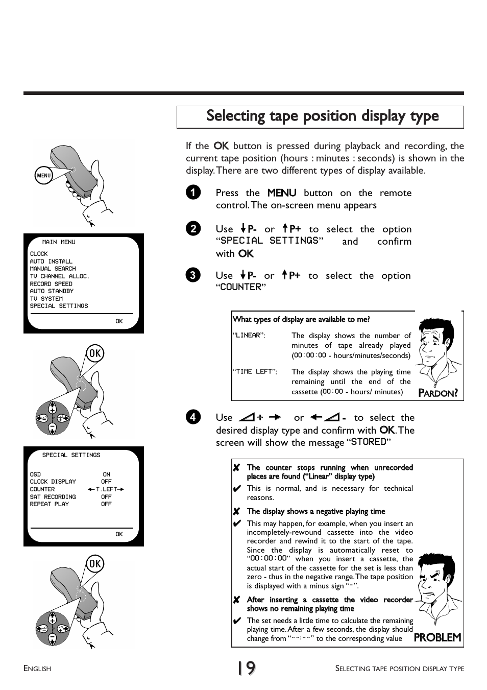 Selecting tape position display type, Pprro obblleem m | Philips VR 510/07 User Manual | Page 19 / 48