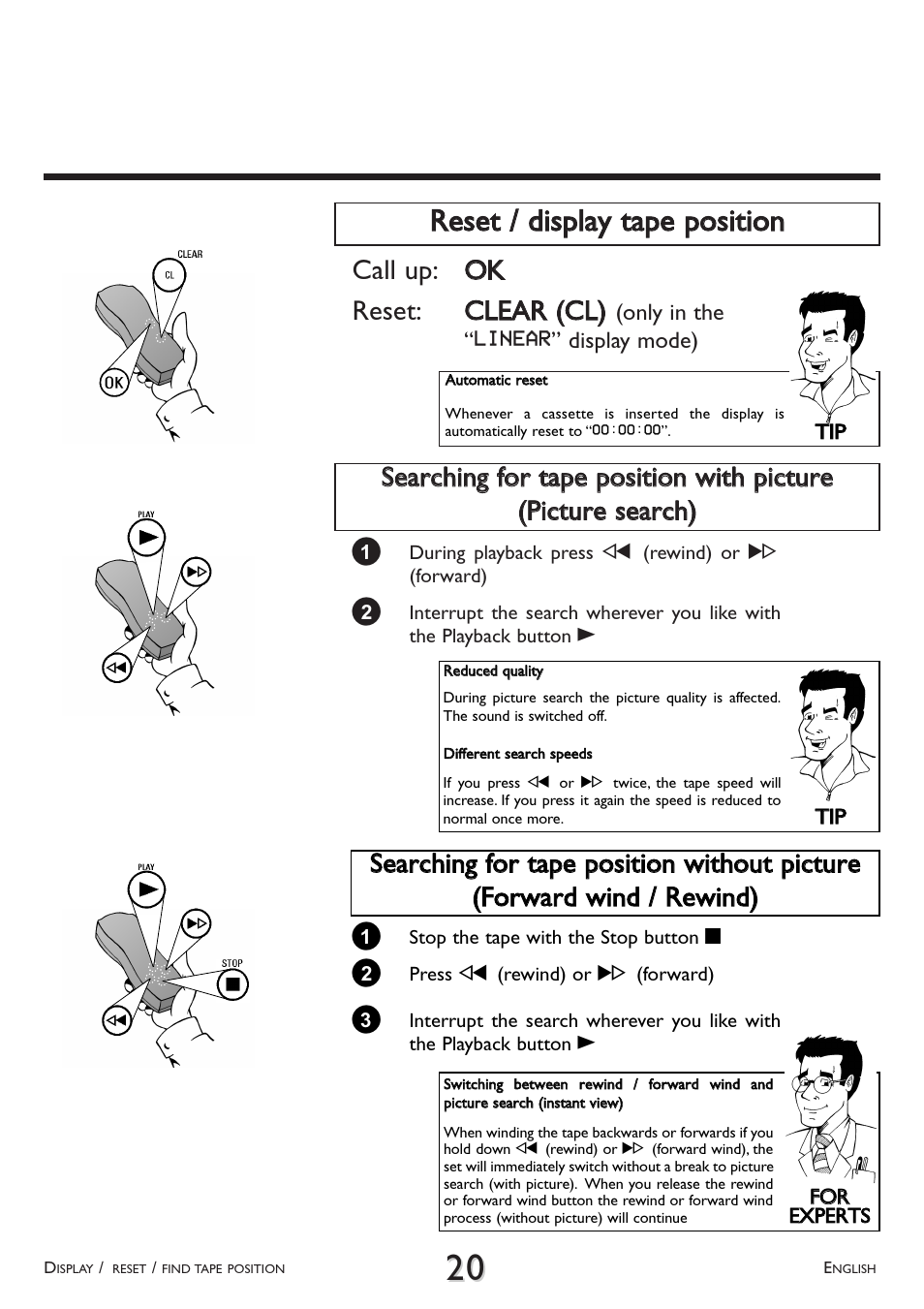 Reset / display tape position, Call up: o ok k reset: c clleea arr ((c cll)) | Philips VR 510/07 User Manual | Page 20 / 48