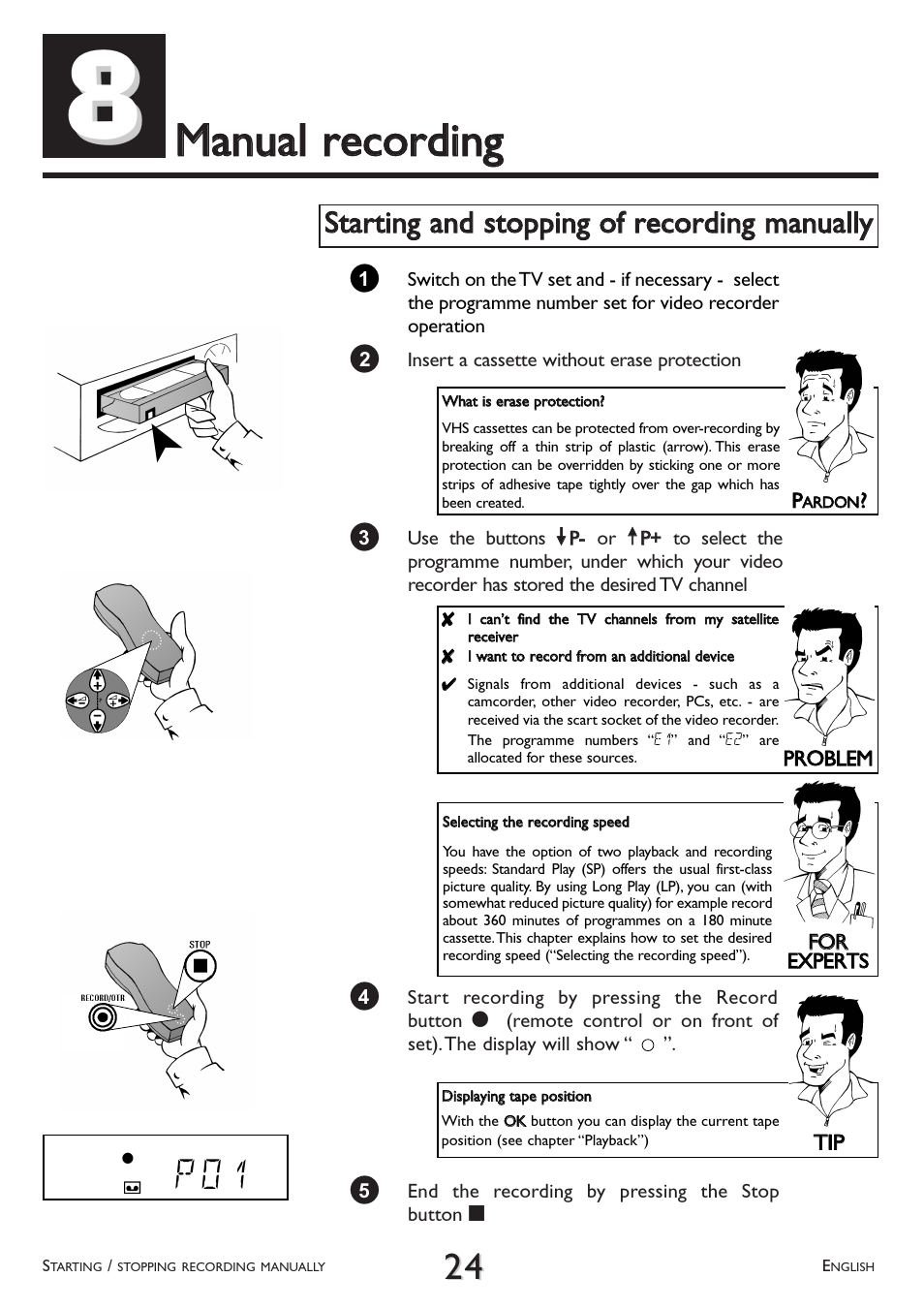 Manual, Recording, Starting and stopping of recording manually | Mmaannuuaall rreeccoorrddiinngg, P 0 1 | Philips VR 510/07 User Manual | Page 24 / 48