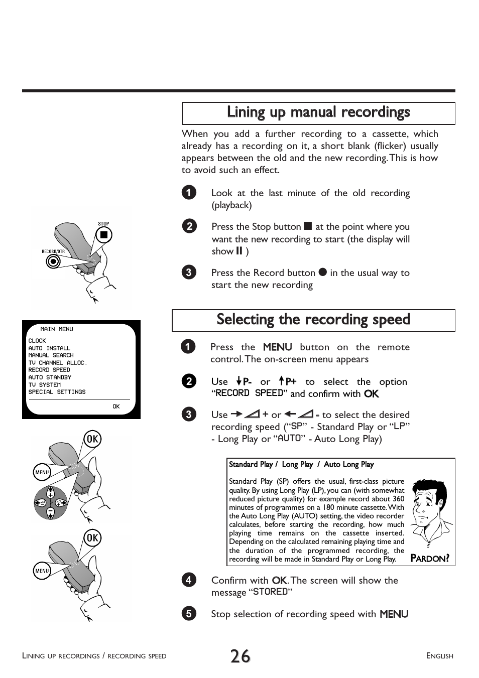 Lining up manual recordings, Selecting the recording speed | Philips VR 510/07 User Manual | Page 26 / 48