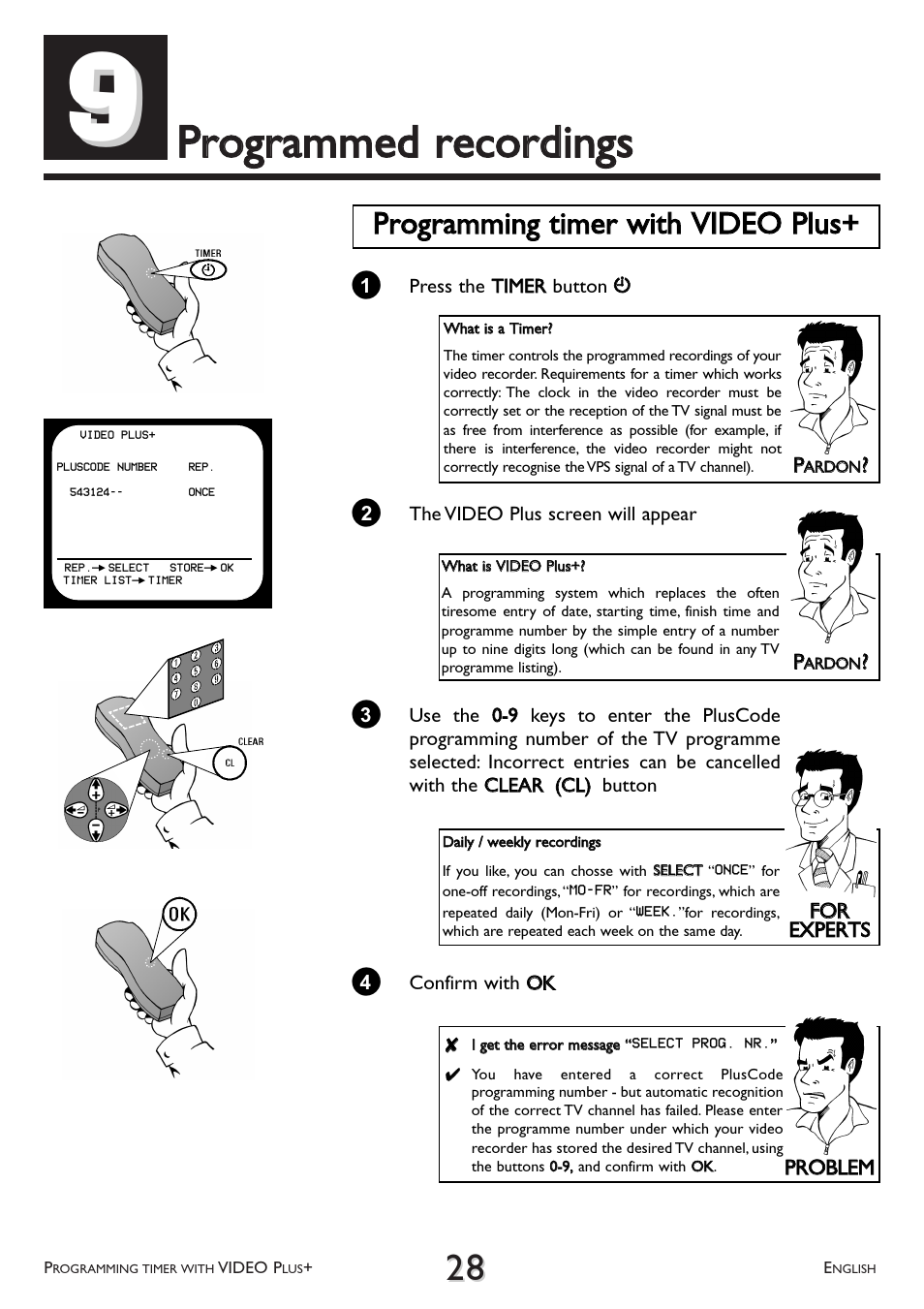 Programmed, Recordings, Programming timer with video plus | Pprrooggrraam mm meedd rreeccoorrddiinnggss | Philips VR 510/07 User Manual | Page 28 / 48