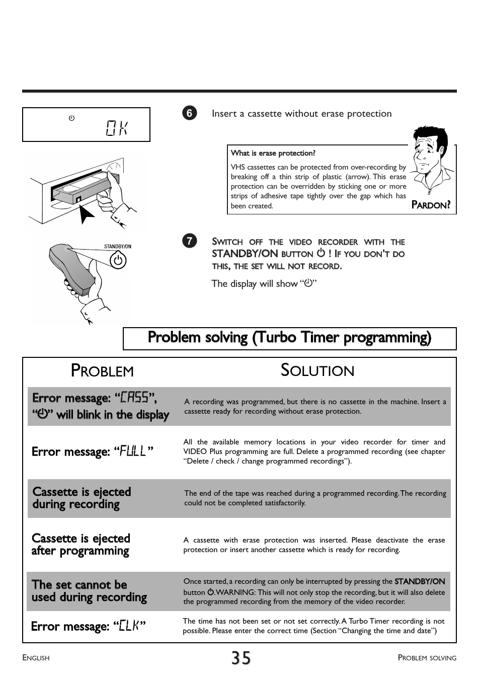 Problem solving (turbo timer programming), Roblem, Olution | Philips VR 510/07 User Manual | Page 35 / 48