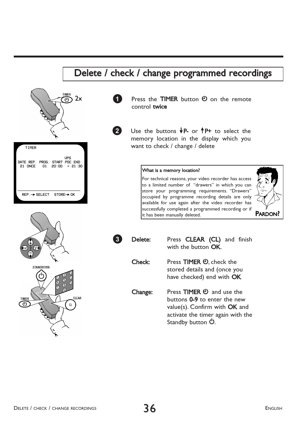 Delete / check / change programmed recordings | Philips VR 510/07 User Manual | Page 36 / 48