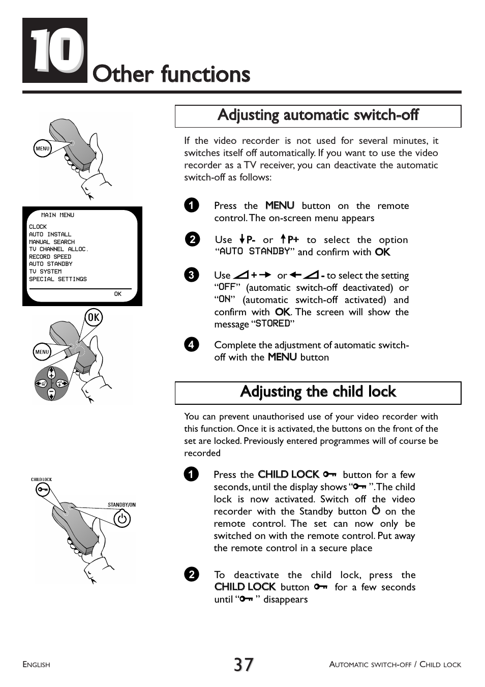 Other, Functions, Adjusting automatic switch-off | Adjusting the child lock, Ootthheerr ffuunnccttiioonnss, Aaddjjuussttiinngg tthhee cchhiilldd lloocckk | Philips VR 510/07 User Manual | Page 37 / 48