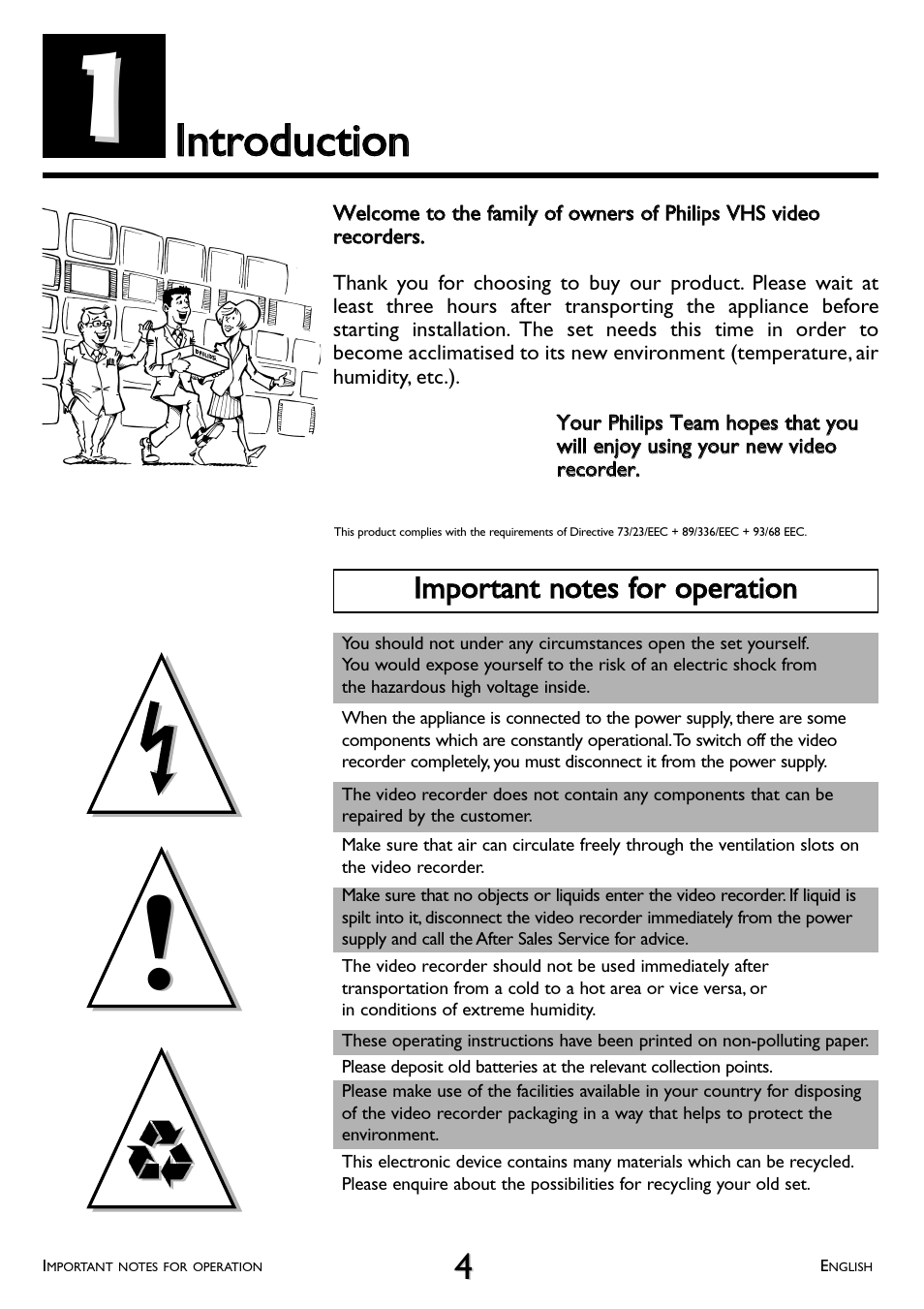 Introduction, Important notes for operation, Iinnttrroodduuccttiioonn | Philips VR 510/07 User Manual | Page 4 / 48