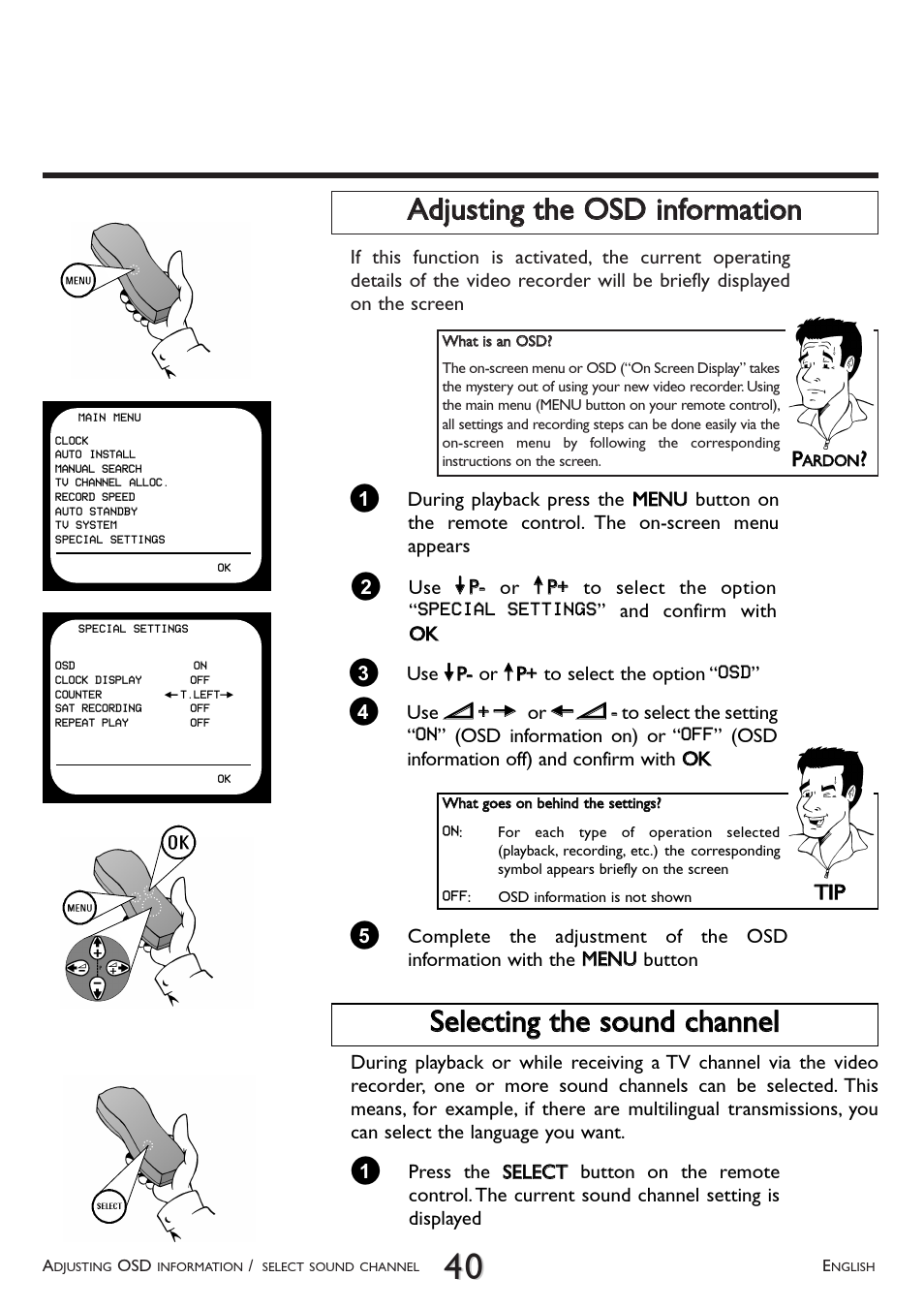 Adjusting the osd information, Selecting the sound channel, T tiipp | Philips VR 510/07 User Manual | Page 40 / 48