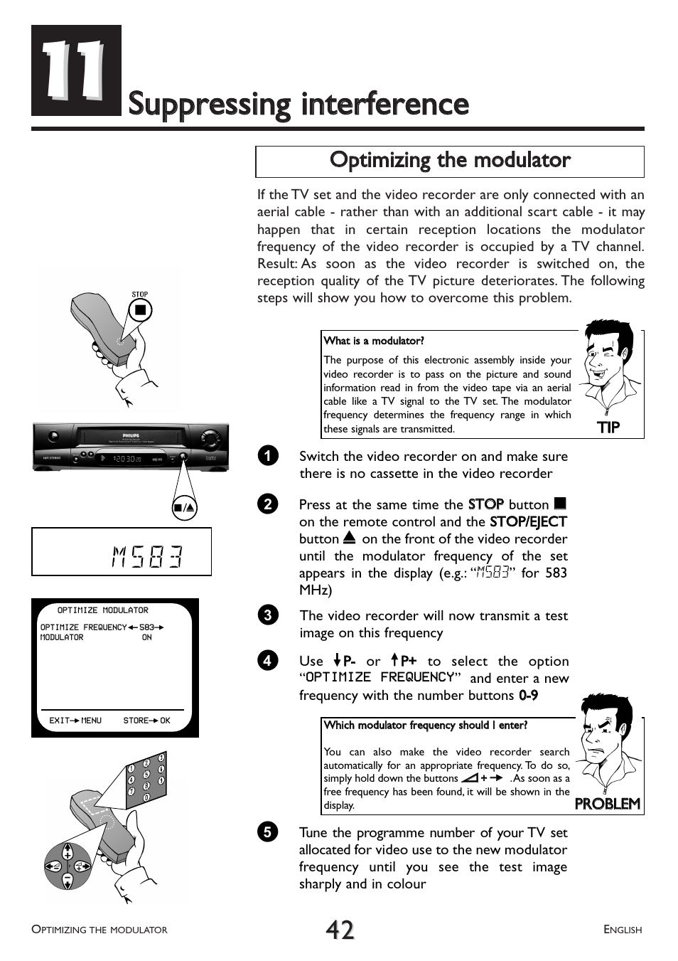 Suppressing, Interference, Optimizing the modulator | M 5 8 3, Ooppttiim miizziinngg tthhee m moodduullaattoorr | Philips VR 510/07 User Manual | Page 42 / 48