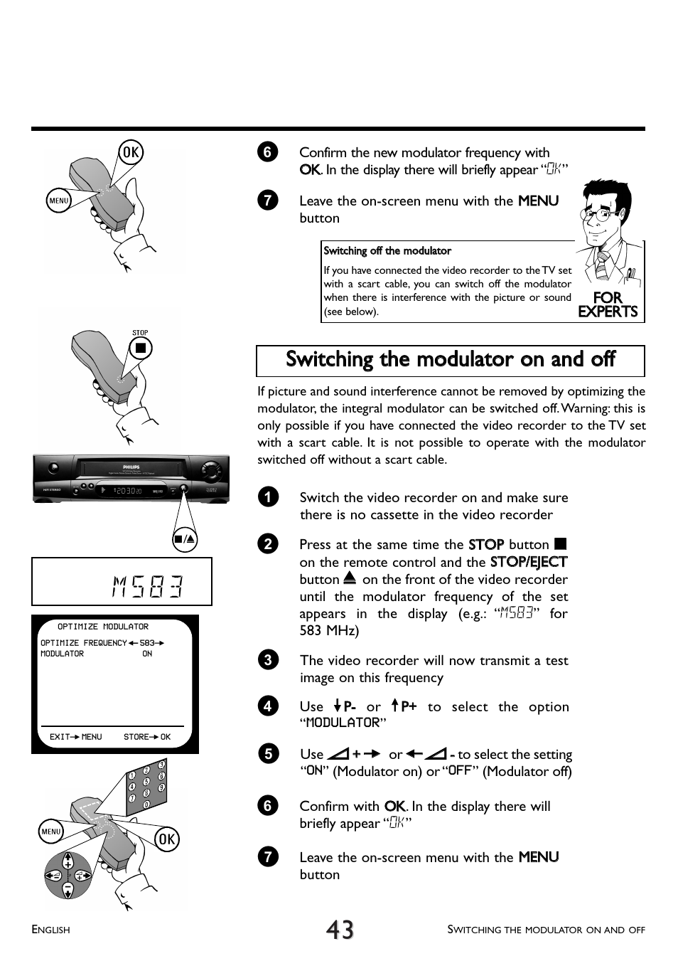 Switching the modulator on and off, M 5 8 3 | Philips VR 510/07 User Manual | Page 43 / 48