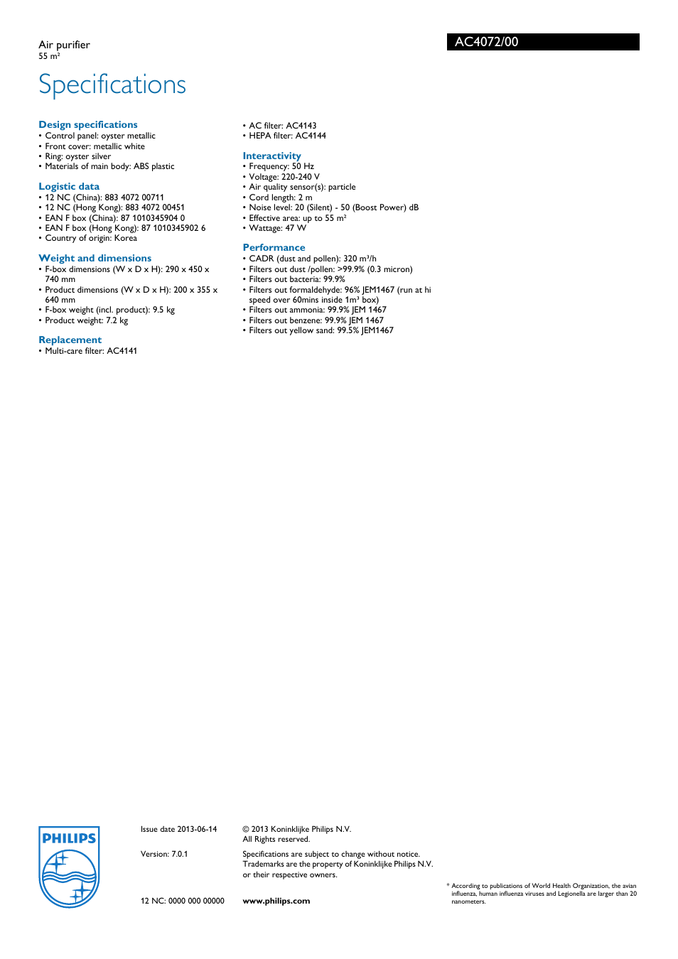 Specifications | Philips AC4072/00 User Manual | Page 3 / 3