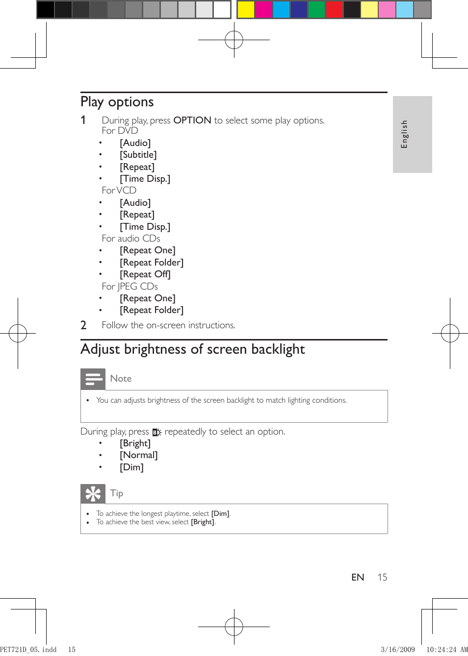 Play options, Adjust brightness of screen backlight | Philips PET721C/05 User Manual | Page 14 / 19