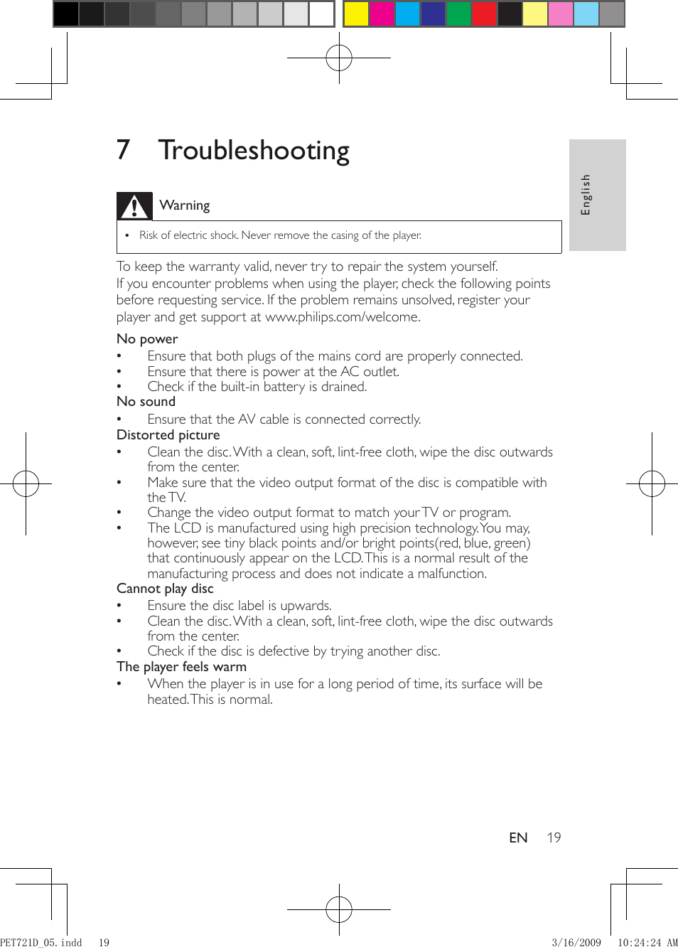 7 troubleshooting | Philips PET721C/05 User Manual | Page 18 / 19