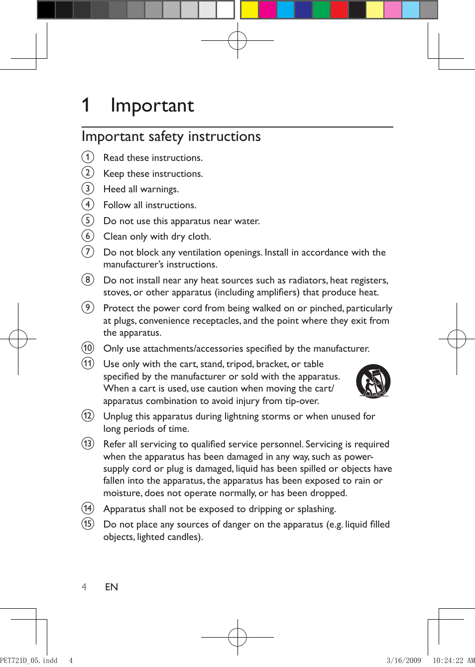 1 important, Important safety instructions | Philips PET721C/05 User Manual | Page 3 / 19