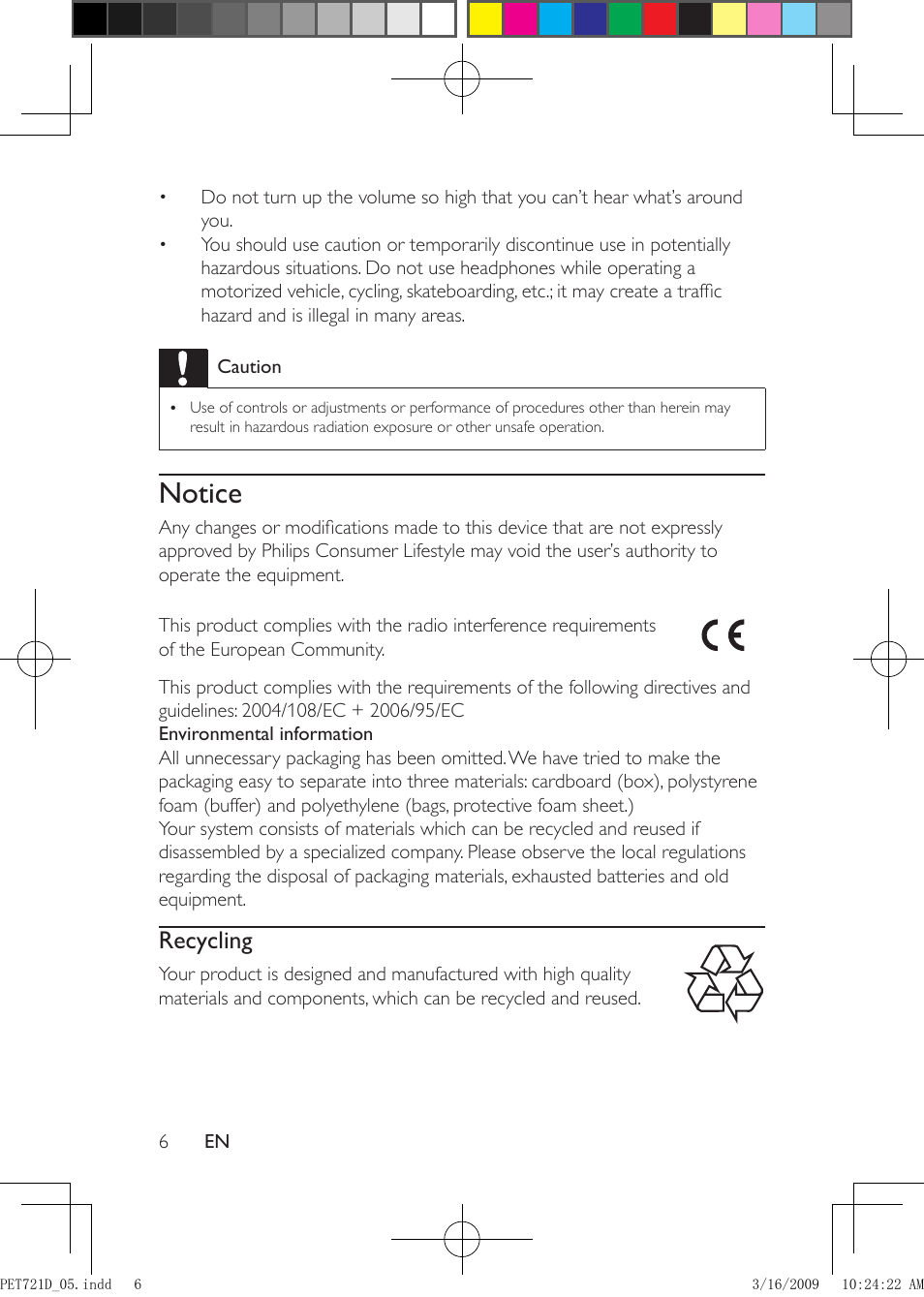 Notice, Recycling | Philips PET721C/05 User Manual | Page 5 / 19