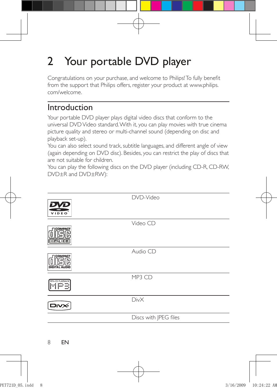 2 your portable dvd player | Philips PET721C/05 User Manual | Page 7 / 19