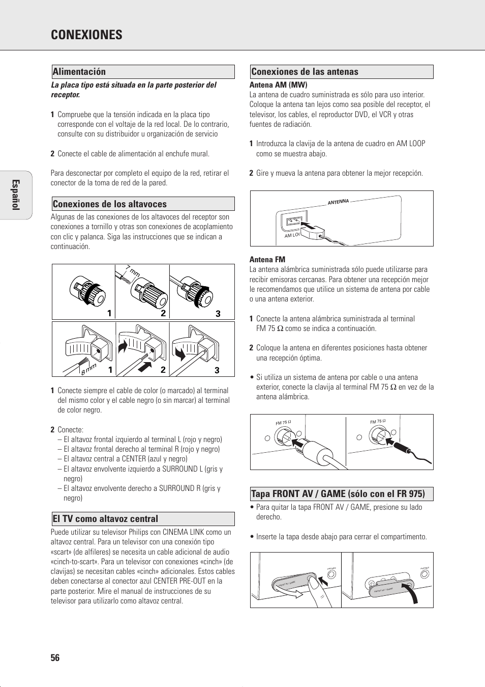 Conexiones, Tapa front av / game (sólo con el fr 975), Conexiones de los altavoces alimentación espa ñ ol | Philips FR975 User Manual | Page 12 / 31
