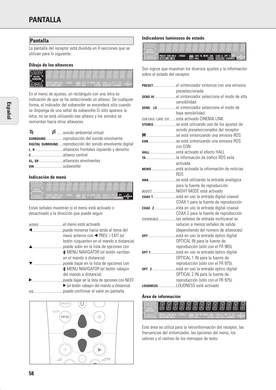 Pantalla, 58 espa ñ ol | Philips FR975 User Manual | Page 14 / 31
