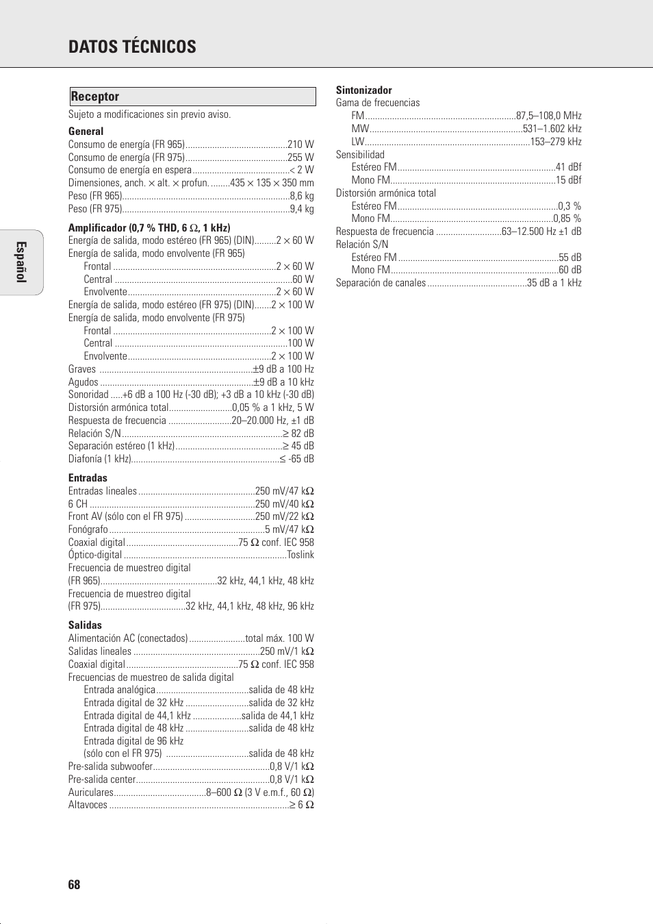 Datos técnicos | Philips FR975 User Manual | Page 24 / 31