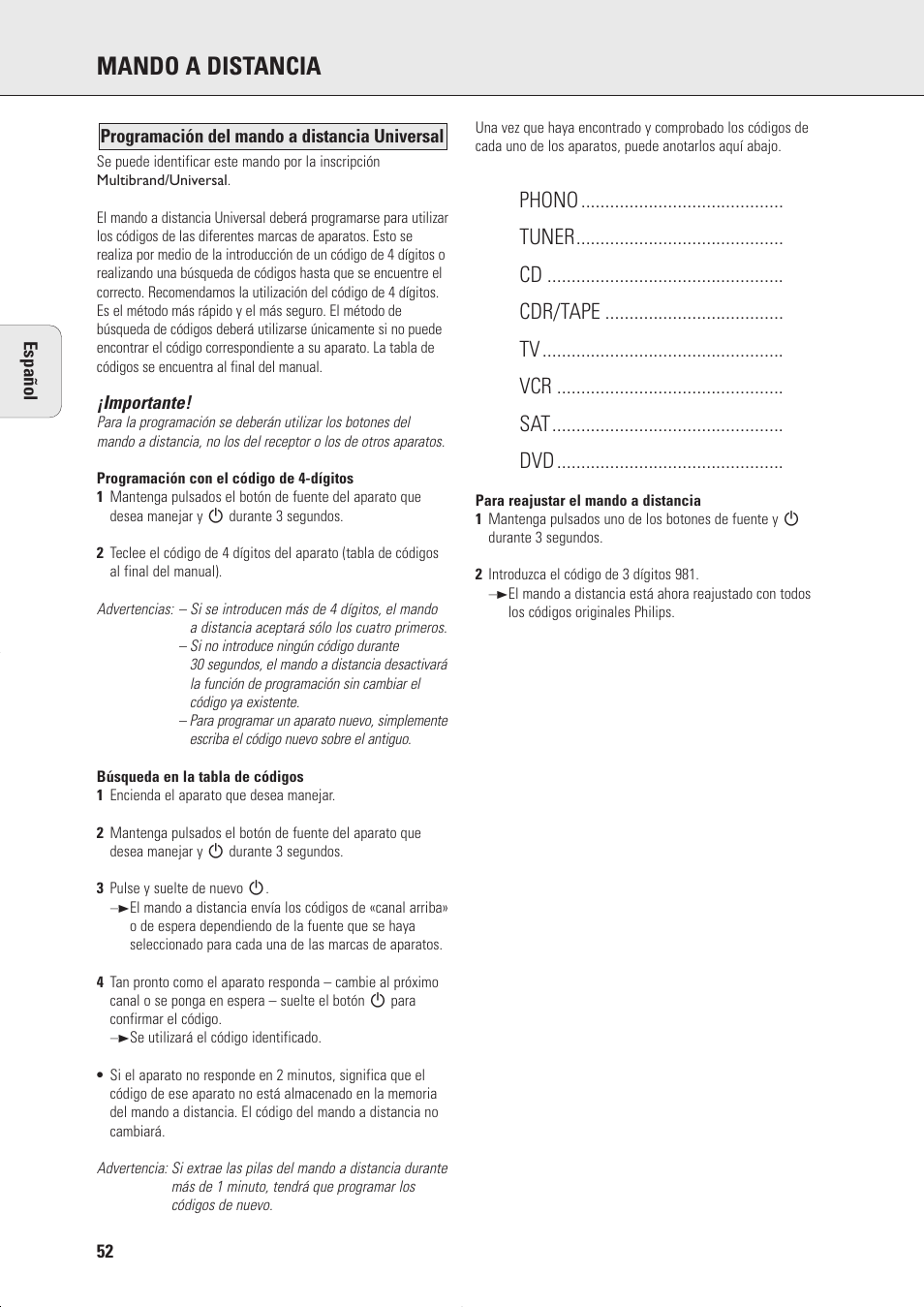 Mando a distancia | Philips FR975 User Manual | Page 8 / 31