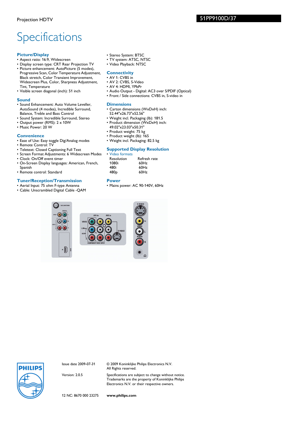 Specifications | Philips 51PP9100D User Manual | Page 3 / 3