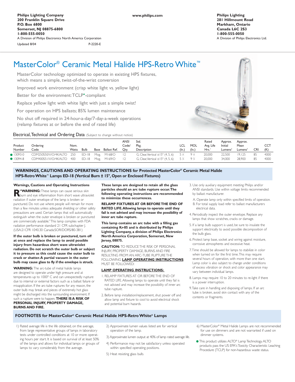 Mastercolor, Ceramic metal halide hps-retro white, Electrical,technical and ordering data | Philips Ceramalux P-2220-E User Manual | Page 4 / 4