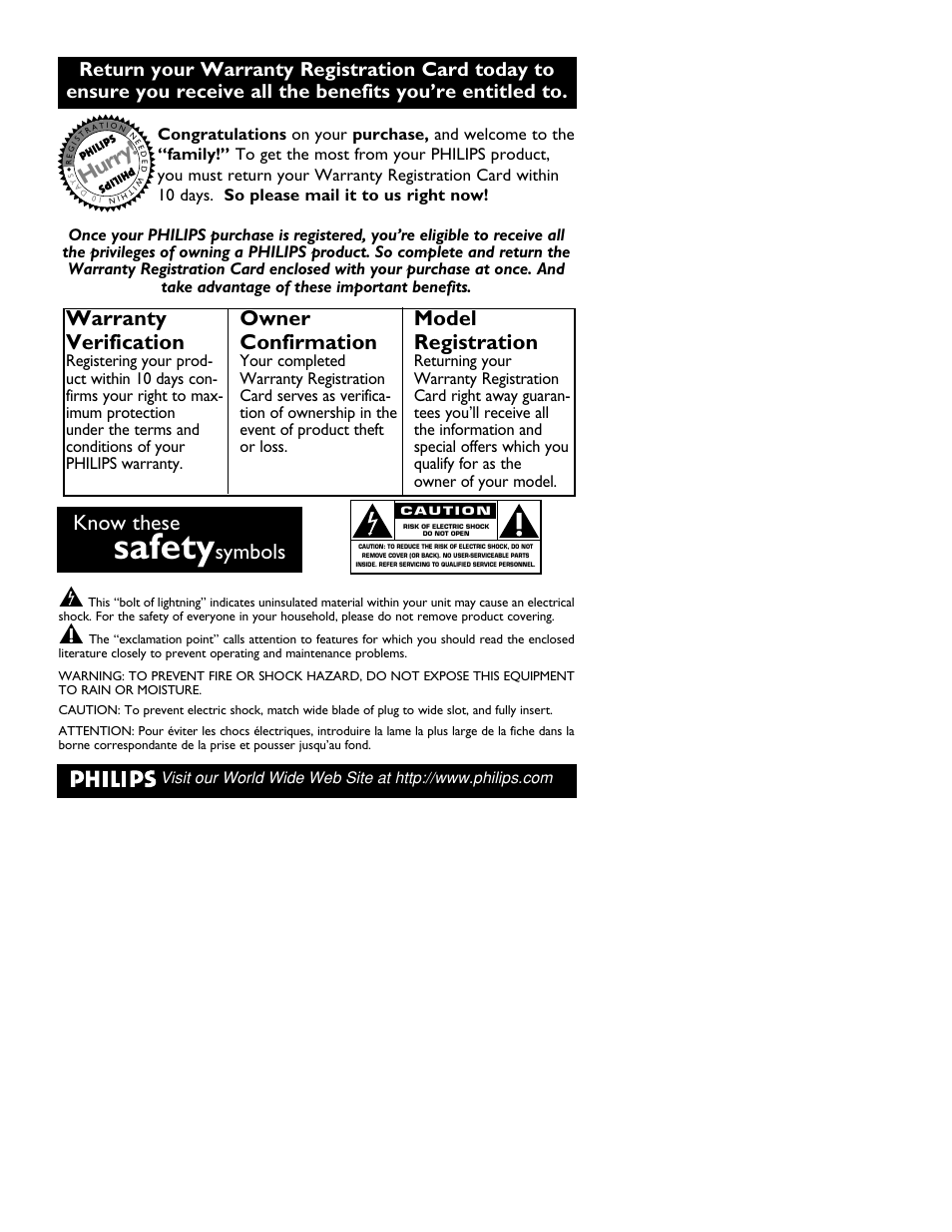 Safety, Hurry, Know these | Symbols, Warranty verification, Owner confirmation, Model registration | Philips 14PT6441 User Manual | Page 3 / 36