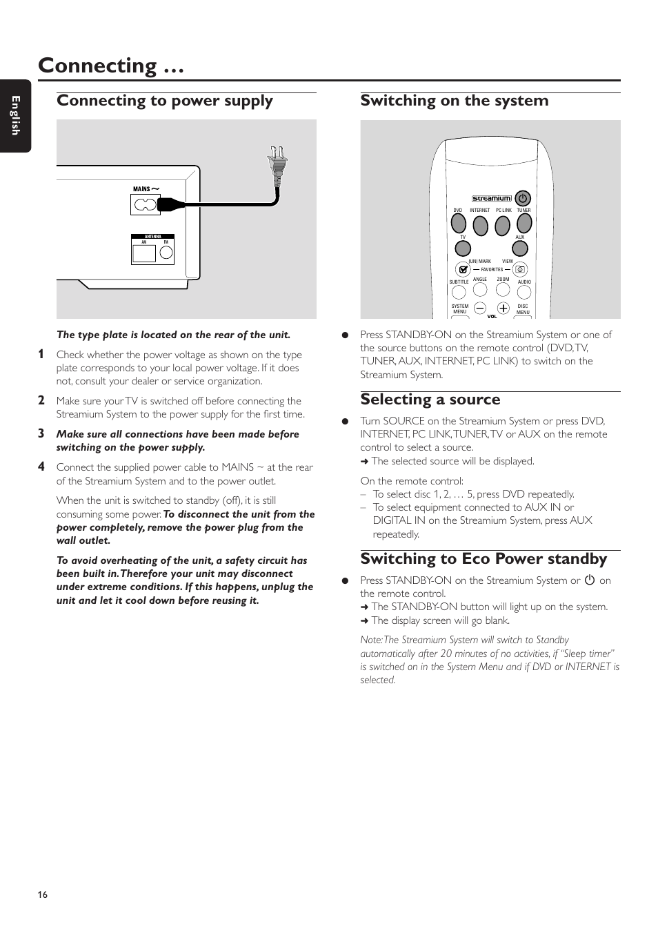 Connecting to power supply, Switching on the system, Selecting a source | Switching to eco power standby, Connecting | Philips MX6000I/37 User Manual | Page 16 / 55