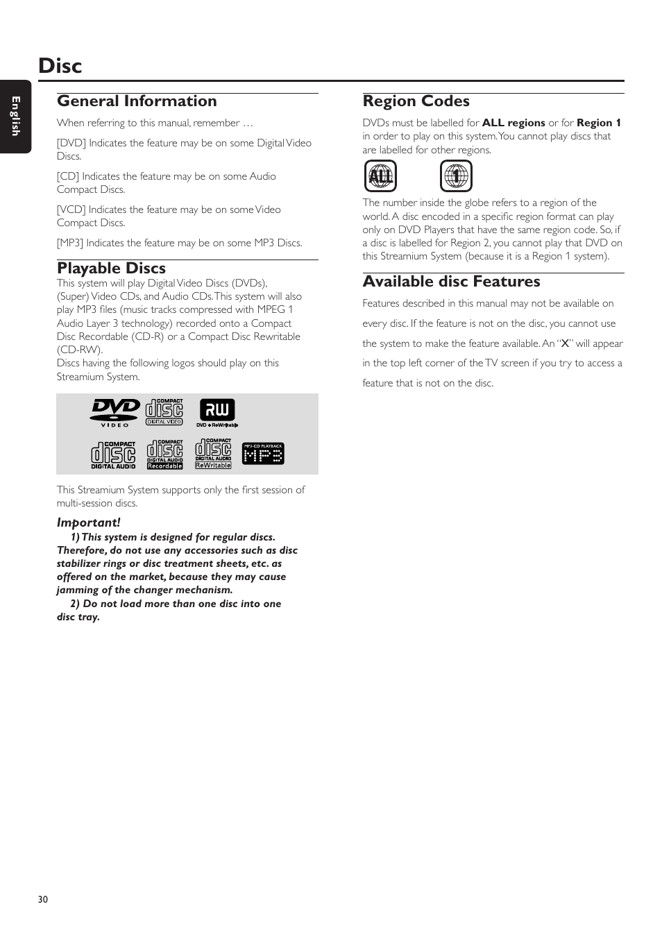 Disc, General information, Playable discs | Region codes, Available disc features | Philips MX6000I/37 User Manual | Page 30 / 55