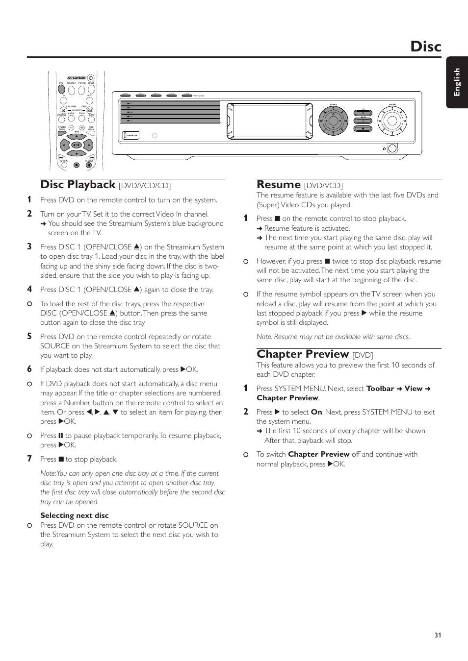 Disc playback, Selecting next disc, Resume | Chapter preview, Disc playback ––––––––––––––––––––––––––––––––– 31, Selecting next disc –––––––––––––––––––––––––– 31, Disc | Philips MX6000I/37 User Manual | Page 31 / 55