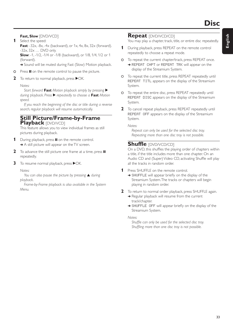 Fast, slow, Still picture/frame-by-frame playback, Repeat | Shuffle, Fast, slow ––––––––––––––––––––––––––––––––– 33, Disc | Philips MX6000I/37 User Manual | Page 33 / 55