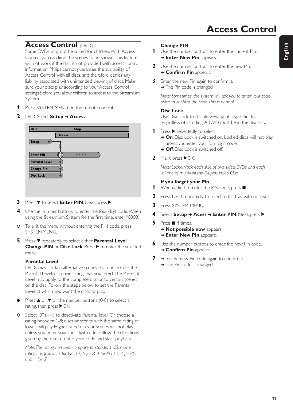 Access control, Parental level, Change pin | Disc lock, If you forget your pin, Access control ––––––––––––––––––––––––––––– 39 | Philips MX6000I/37 User Manual | Page 39 / 55