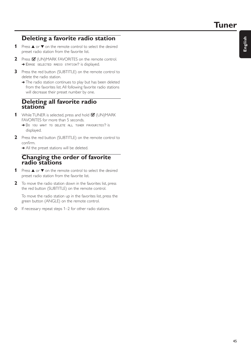 Deleting a favorite radio station, Deleting all favorite radio stations, Changing the order of favorite radio stations | Tuner | Philips MX6000I/37 User Manual | Page 45 / 55