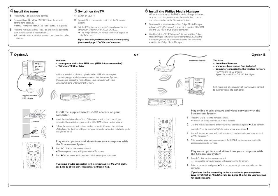 Install the tuner, Switch on the tv, Install the philips media manager | Option a, Option b | Philips MX6000I/37 User Manual | Page 53 / 55