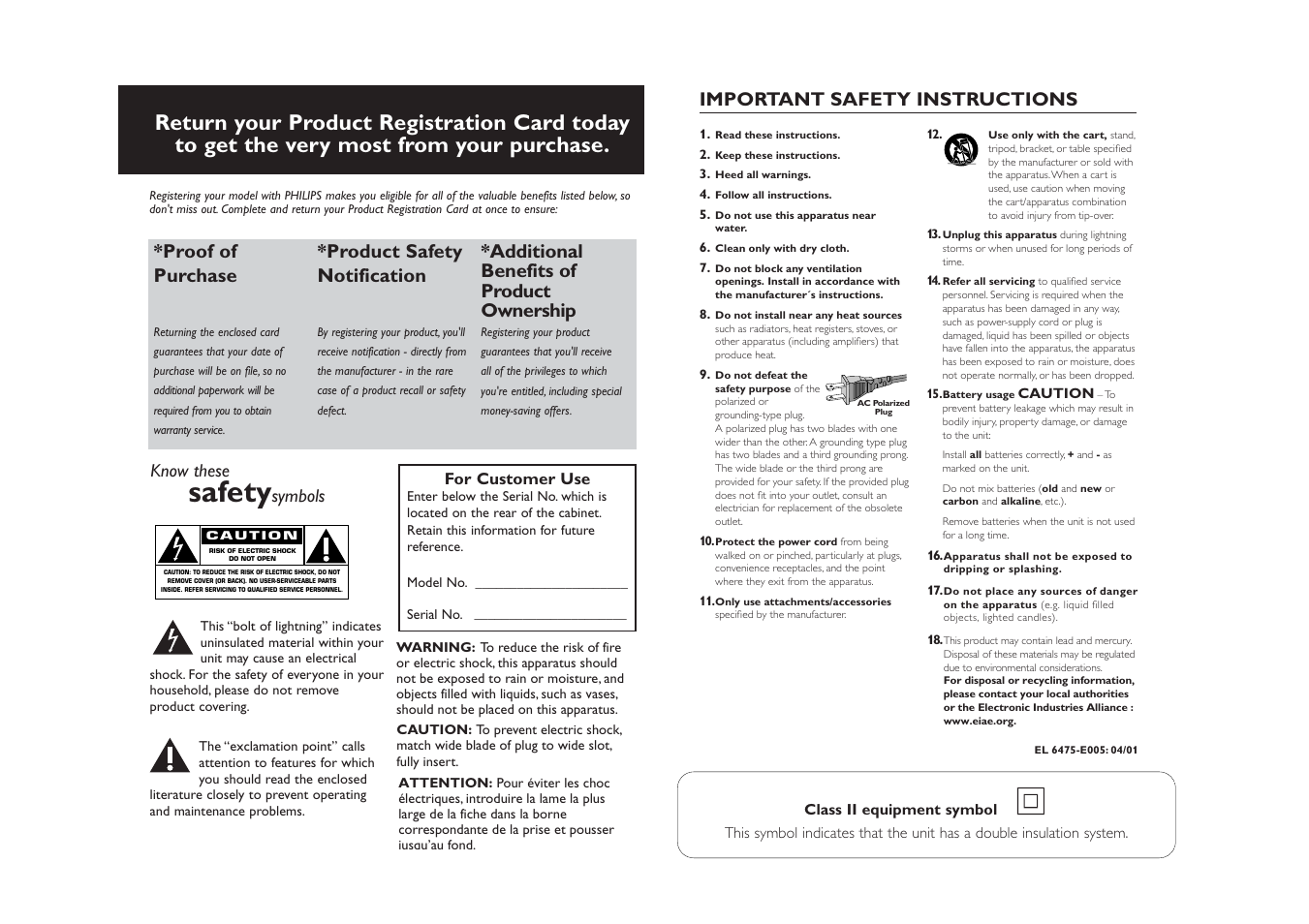Safety, Important safety instructions, Proof of purchase | Product safety notification, Additional benefits of product ownership, Know these, Symbols | Philips AZ2537 User Manual | Page 2 / 9