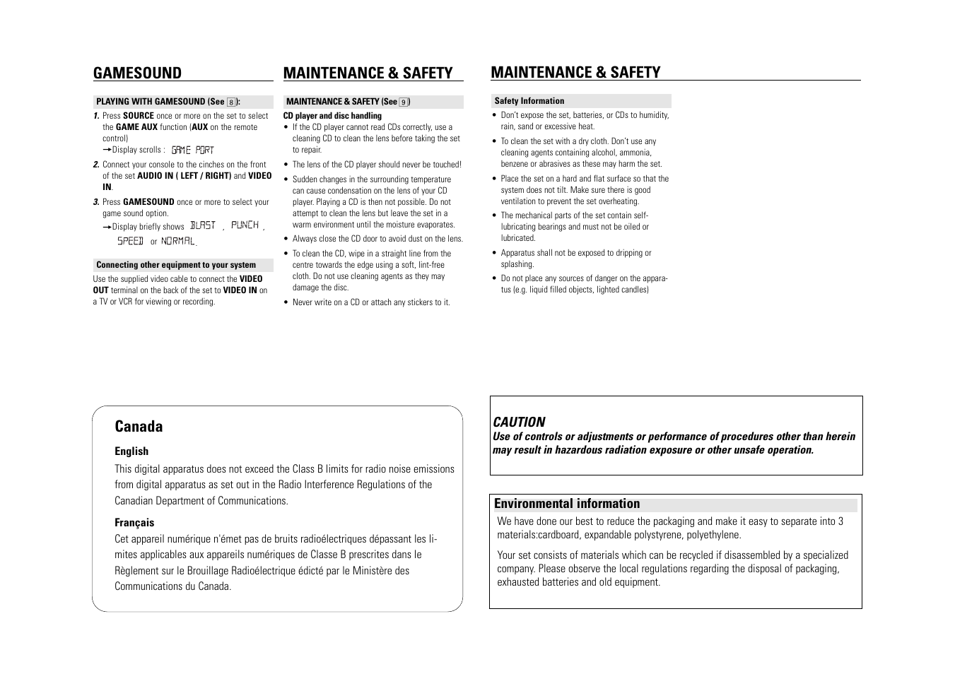 Gamesound maintenance & safety, Maintenance & safety, Canada | Philips AZ2537 User Manual | Page 7 / 9