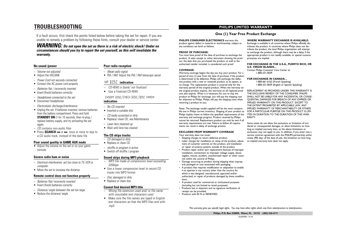 Troubleshooting, Warning | Philips AZ2537 User Manual | Page 8 / 9
