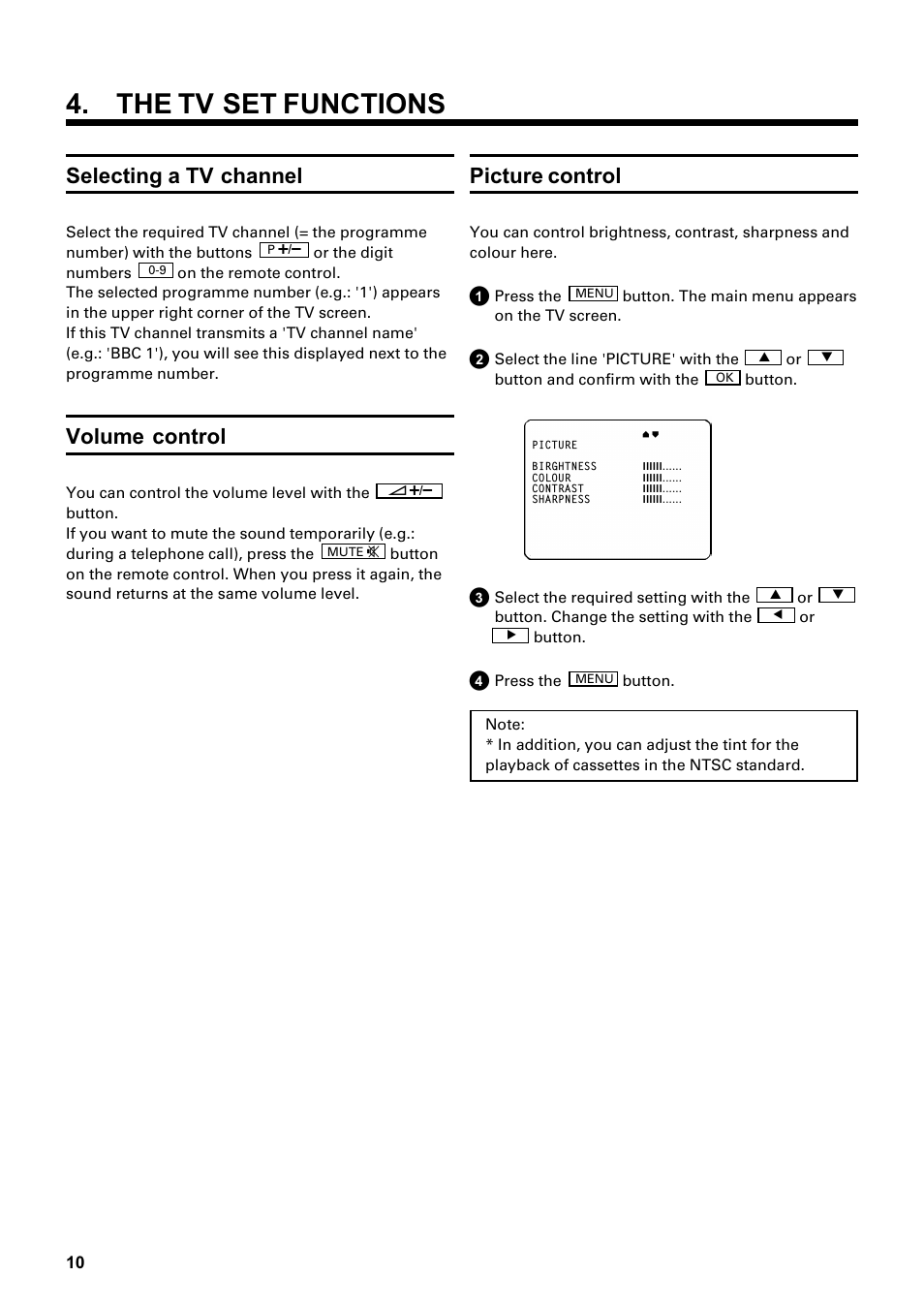 The tv set functions, Selecting a tv channel, Volume control | Picture control | Philips Combi 14 PV 172 User Manual | Page 10 / 24