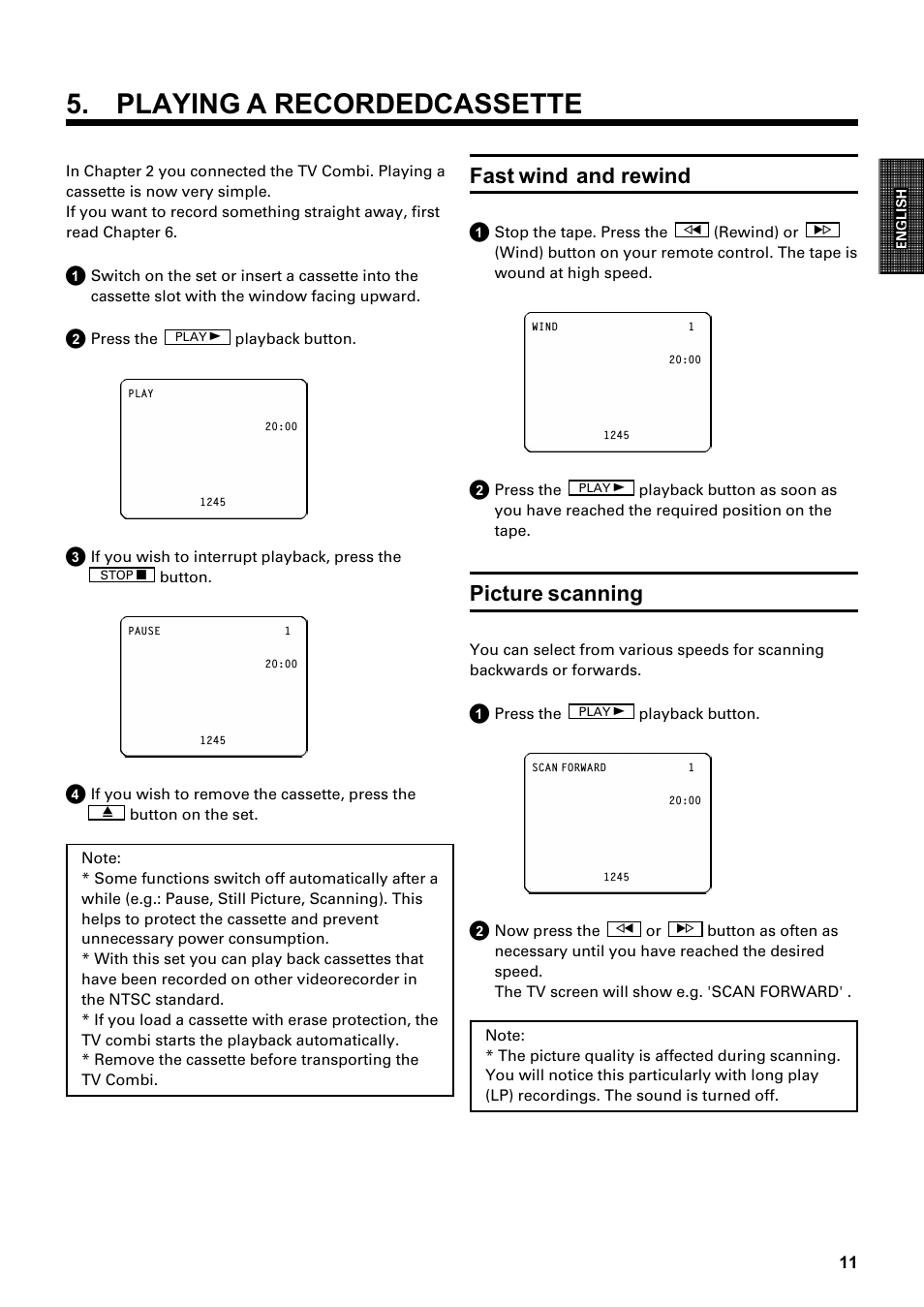 Playing a recordedcassette, Fast wind and rewind, Picture scanning | Philips Combi 14 PV 172 User Manual | Page 11 / 24