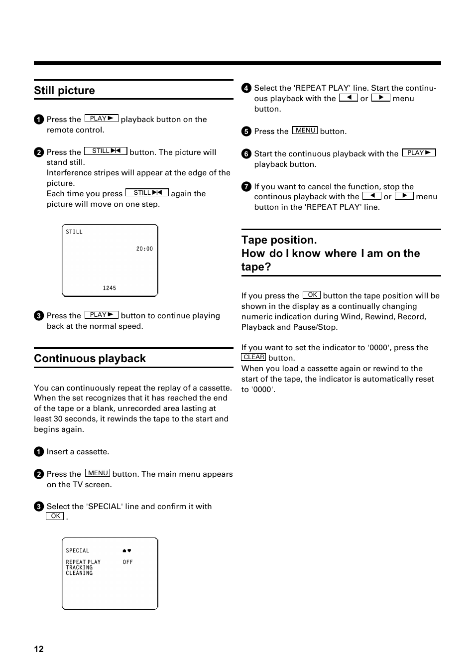 Still picture, Continuous playback | Philips Combi 14 PV 172 User Manual | Page 12 / 24