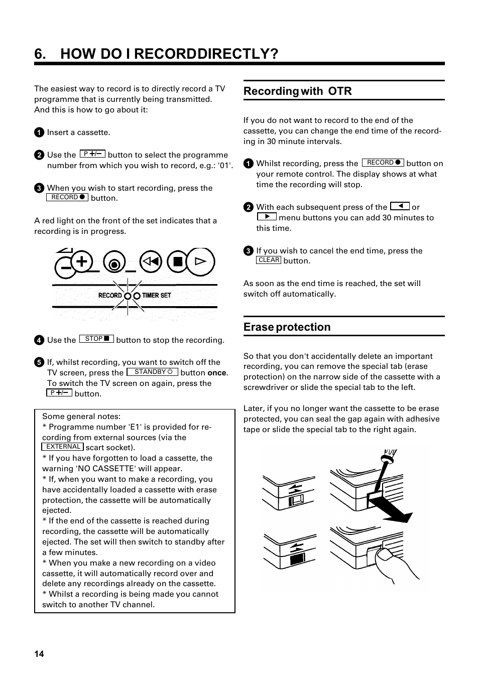 How do i recorddirectly, Recording with otr, Erase protection | Philips Combi 14 PV 172 User Manual | Page 14 / 24