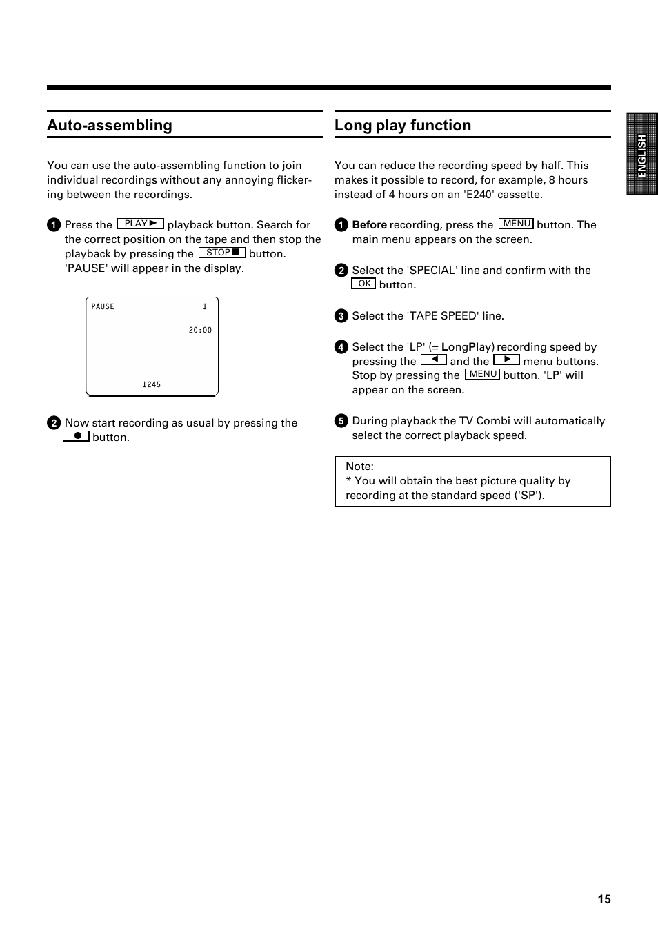 Auto-assembling, Long play function | Philips Combi 14 PV 172 User Manual | Page 15 / 24