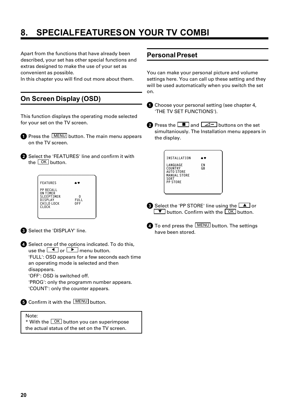 Specialfeatures on your tv combi, On screen display (osd), Personal preset | Philips Combi 14 PV 172 User Manual | Page 20 / 24