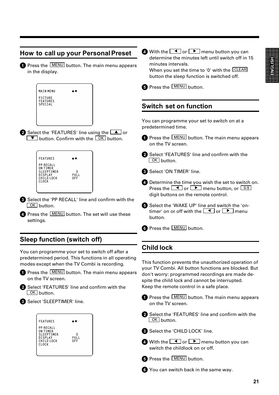 How to call up your personal preset, Sleep function (switch off), Switch set on function | Child lock | Philips Combi 14 PV 172 User Manual | Page 21 / 24